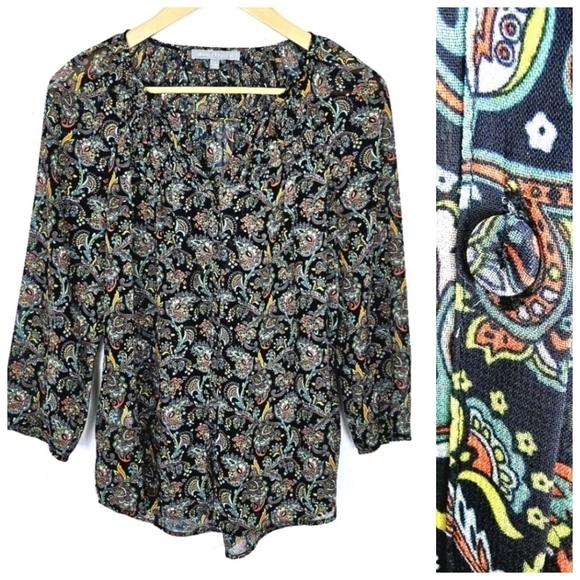 Daniel Rainn Paisley Button Down Long Sleeves Chiffon Summer Blouse - Picture 1 of 8